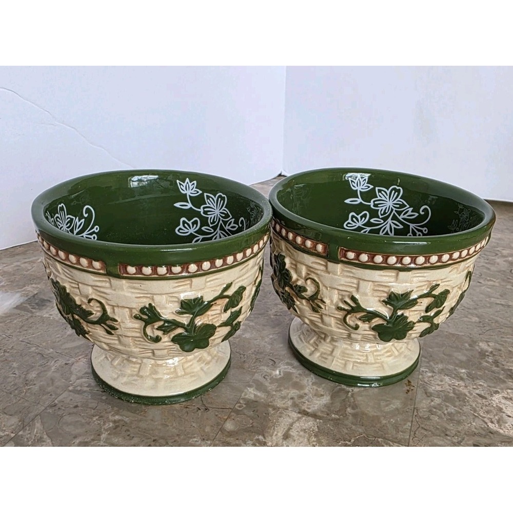 Temp-tations Green Floral Basket Weave Dessert Sherbet Pedestal Bowl Set Of 2